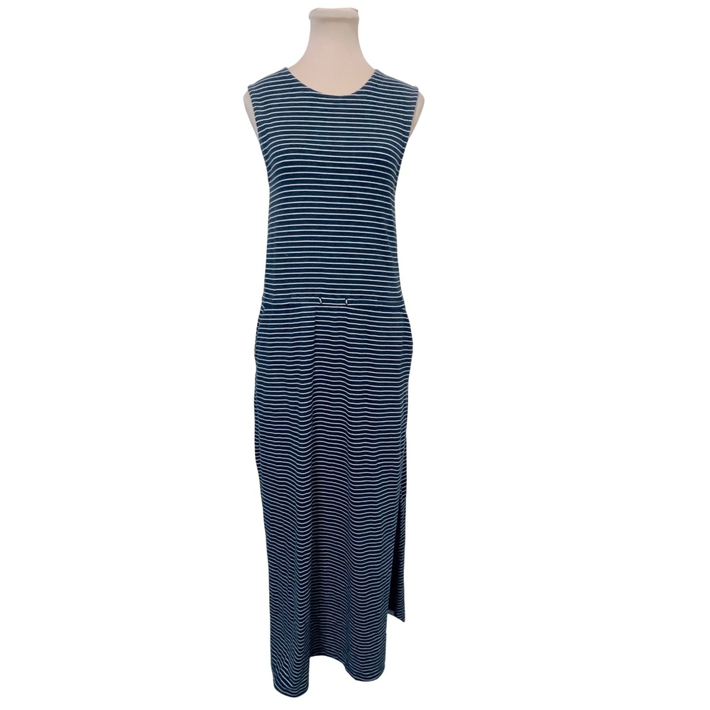 Pact Womens Organic Cotton Striped Maxi Dress S Navy White Sleeveless‎ Pocket